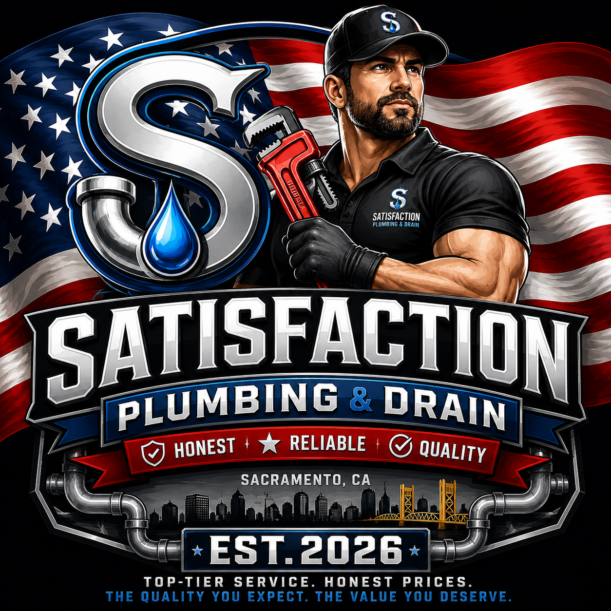 Satisfaction Plumbing & Drain - Master plumber with wrench and American flag